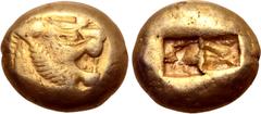 Greek Kingdom of Lydia, Alyattes EL Trite - 1/3 Stater. Sardes, circa 610-546 BC. Head of roaring lion right, sunburst with six rays on forehead / Two incuse square punches. GRPC Lydia G26; Weidauer 8