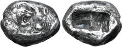 Greek Kingdom of Lydia, Kroisos AR Stater - Double Siglos. Sardes, circa 561-546 BC. Confronted foreparts of lion to right and bull to left / Two incuse squares of unequal size. GRPC Lydia S1; Berk 20
