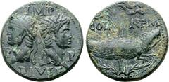 Roman Provincial Augustus and Agrippa Æ As of Nemausus, Gaul. Circa AD 10-14. Heads of Agrippa and Augustus back to back, Agrippa wearing rostral crown and laurel wreath, facing left, Augustus laureat
