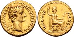 Roman Imperial Tiberius AV Aureus. Lugdunum, AD 14-37. TI CAESAR DIVI AVG F AVGVSTVS, laureate head to right / PONTIF MAXIM, Livia, as Pax, seated to right on throne with ornamented legs, holding bran