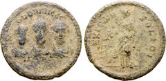 Roman Imperial Theodosius I, with Arcadius and Honorius, Æ Exagium Solidi Weight. Constantinople, AD 402-408. DDD NNN GGG, diademed and draped facing busts of Honorius, Theodosius, and Arcadius respec