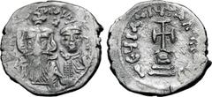 Byzantine Constans II, with Constantine IV, AR Hexagram. Constantinople, AD 654-659. [∂N CONSƮANƮINЧS C CONSTAN], crowned facing busts of Constans and Constantine IV, each wearing chlamys; cross betwe