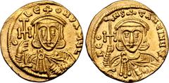 Byzantine Leo III 'the Isaurian', with Constantine V, AV Solidus. Constantinople, AD 745-750. C LЄON P A MЧL, crowned and draped bust of Leo facing, holding cross potent and akakia / N CONSƮANƮINЧ, cr