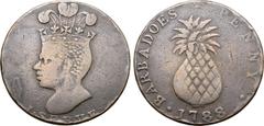 Medieval & World Barbados, British Colonial. Pineapple CU Penny Token. Issued by Sir Philip Gibbs for plantation payments, AD 1788. Head of a slave facing to left, wearing a coronet and three feather 