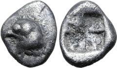 Greek Western Asia Minor, uncertain mint AR Hemiobol. 5th century BC. Head of eagle to left / Quadripartite incuse square. Unpublished; cf. SNG Kayhan 739 (tetartemorion, rough incuse; mint in Ionia o