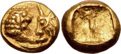 Greek Kingdom of Lydia, Kroisos AV 1/12 Stater. Sardes, circa 550-546 BC. Confronted foreparts of lion and bull / Incuse square punch. GRPC Lydia G56; Gulbenkian 759; SNG von Aulock -; SNG München 9; 