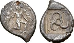 Greek Dynasts of Lykia, Kuprilli AR 1/3 Stater. Telmessos, circa 470-440 BC. Winged male figure, nude, with winged heels, in kneeling stance to right, holding long kerykeion / Triskeles, KOΠPΛΛE aroun