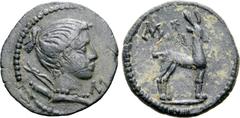 Greek Lykian League, Masikytes Æ 19mm. Circa 27-23 BC. Draped bust of Artemis to right, bow and quiver over shoulder; M[A] before / Stag standing to right; MA above. RPC I 3319d; Troxell, Lycia 192d; 