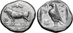Greek Cyprus, Paphos AR Stater. Stasandros, circa 425 BC or later. Bull standing to left; winged solar disk above, ankh to left, palmette ornament in exergue / Eagle standing to left; one-handled vase