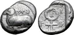 Greek Cyprus, Salamis AR Stater. Nikodamos, circa 460-450 BC. Ram recumbent to left, Cypriot script above and below: 'e-u-we-le-to-to-se' (of Evelthon [father of Nicodamus]) / Large ornate ankh enclos