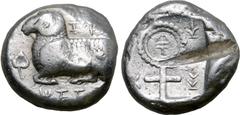 Greek Cyprus, Salamis AR Stater. Evanthes(?), circa 450 BC. Recumbent ram to left, ivy leaf before; Cypriot script: 'e-u-we-le-to-no-se' around / Ankh, on which inscribed Cypriot character 'pa'; Cypri