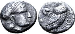 Greek Parthia(?), 'Athenian Series' AR Hemidrachm. Hekatompylos(?), circa 246/5-239/8 BC. Attic standard. Head of Athena to right, wearing earring, necklace, and crested Attic helmet decorated with th