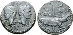 Roman Provincial Augustus and Agrippa Æ As of Nemausus, Gaul. Circa AD 10-14. Heads of Agrippa and Augustus back to back, Agrippa wearing rostral crown and laurel wreath, facing left, Augustus laureat