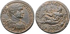 Roman Provincial Caracalla Æ 32mm of Tripolis, Lydia. AD 198-217. AV K M AV ANTΩNЄINOC CЄB, laureate, draped and cuirassed bust to right / TPIΠOΛЄITΩN, River god Maeander reclining to left, holding re