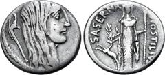 Roman Republic L. Hostilius Saserna AR Denarius. Rome, 48 BC. Female head right, with long hair; carnyx behind / Artemis standing facing, holding spear in left hand and placing right on head of stag; 