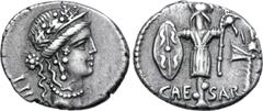 Roman Imperatorial Julius Caesar AR Denarius. Military mint travelling with Caesar, 48-47 BC. Diademed female head right, wearing oak-wreath, cruciform earring, and pearl necklace; LII (Caesar's age) 