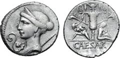 Roman Imperatorial Julius Caesar AR Denarius. Military mint travelling with Caesar in Spain, 46-45 BC. Draped bust of Venus to left, wearing stephane; small Cupid at point of bust; lituus to left, sce