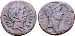 Roman Imperatorial Octavian and Divus Julius Caesar Æ Dupondius. Southern (?) Italian mint, circa 38 BC. CAESAR DIVI F, bare head of Octavian right, with slight beard / DIVOS IVLIVS, wreathed head of 