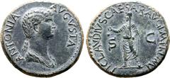Roman Imperial Antonia (mother of Claudius) Æ Dupondius. Rome, circa AD 41-50. ANTONIA AVGVSTA, draped bust to right / TI CLAVDIVS CAESAR AVG P M TR P IMP, Claudius, veiled and togate, standing to lef