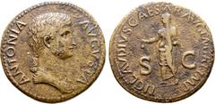 Roman Imperial Antonia (mother of Claudius I) Ӕ Dupondius. Rome, AD 41-50. ANTONIA AVGVSTA, draped bust to right / TI CLAVDIVS CAESAR AVG P M TR P IMP, Claudius standing to left, veiled and togate, ho