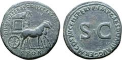 Roman Imperial Diva Julia Titi (niece of Domitian) Æ Sestertius. Rome, circa AD 90-91. IMP CAES DOMIT AVG GERM COS XV CENS PER P P, S•C in centre / DIVAE IVLIAE AVG DIVI TITI F, carpentum drawn to rig