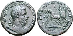 Roman Imperial Macrinus Æ As. Rome, AD 218. IMP CAES M OPEL SEV MACRINVS AVG, laureate and cuirassed bust to right / PONTIF MAX TR P II, Macrinus in triumphal quadriga left, holding sceptre and branch