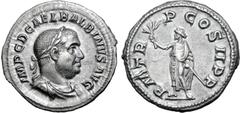 Roman Imperial Balbinus AR Denarius. Rome, circa April-June AD 238. IMP C D CAEL BALBINVS AVG, laureate, draped and cuirassed bust to right / P M TR P COS II P P, Emperor, togate, standing to left, ho