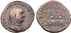 Roman Imperial Balbinus Æ Sestertius. Rome, AD 238. IMP CAES D CAEL BALBINVS AVG, laureate, draped and cuirassed bust to right / LIBERA[LITAS AVGVSTO]RVM, Balbinus, Pupienus and Gordian III, all togat