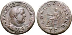 Roman Imperial Balbinus Æ Sestertius. Rome, AD 238. IMP CAES D CAEL BALBINVS AVG, laureate, draped and cuirassed bust to right / CONCORDIA AVGG, Concordia seated left, holding patera and cornucopiae; 