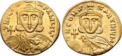 Byzantine Leo III the Isaurian, with Constantine V, AV Solidus. Constantinople, c. AD 725-732. ∂ NO LЄON P A MЧL', crowned and draped bust of Leo facing, holding globus cruciger and akakia / ∂N CONSƮA
