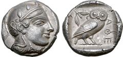 Greek Attica, Athens AR Tetradrachm. Circa 454-440 BC. Late "transitional" issue. Head of Athena to right, wearing crested Attic helmet ornamented with three olive leaves above visor and spiral palmet