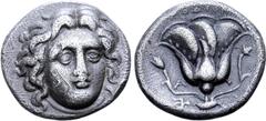 Greek Rhodos, Rhodes AR Didrachm. Circa 304-275 BC. Head of Helios facing slightly to right / Rose with buds to left and right; POΔION above, A and trident head left above and below left hand bud. Ash