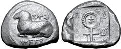 Greek Cyprus, Salamis AR Stater. Nikodamos, circa 460-450 BC. Ram recumbent to left, Cypriot script above and below: 'e-u-we-le-to-to-se' (of Evelthon [father of Nicodamus]) / Large ornate ankh enclos