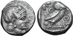 Greek Baktria, 'Athenian Series' AR Didrachm. Uncertain mint in the Oxus region, circa 321-245 BC. Attic standard. Head of Athena to right, wearing earring, necklace, and crested Attic helmet decorate