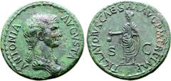 Roman Imperial Antonia (mother of Claudius I) Ӕ Dupondius. Rome, AD 41-50. ANTONIA AVGVSTA, draped bust to right / TI CLAVDIVS CAESAR AVG P M TR P IMP, Claudius standing to left, veiled and togate, ho