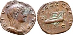 Roman Imperial Diva Paulina (wife of Maximinus I) Æ Sestertius. Rome, AD 236. DIVA PAVLINA, veiled and draped bust to right / CONSECRATIO, Paulina, raising right hand and holding sceptre in left, seat