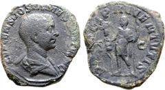 Roman Imperial Hostilian, as Caesar, Æ Sestertius. Rome, AD 251. C VALENS HOSTIL MES [QVIN]TVS N C, bare-headed and draped bust to right / PR[I]NCIPI IVVENTVTIS, Hostilian standing to left, holding st