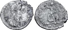Roman Imperial Honorius AR Half Siliqua. Mediolanum, AD 402-423. D N HONORIVS P F AVG, pearl-diademed, draped, and cuirassed bust right / VICTORIA AVGG, Victory standing left, holding wreath in outstr