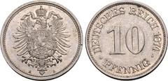 Medieval and World Germany, Empire. Wilhelm I CU-NI 10 Pfennig. 1874A. Crowned imperial eagle, with wings spread and coat-of-arms on chest / ・DEUTSCHES REICH 1874・above denomination, PFENNIG below. KM