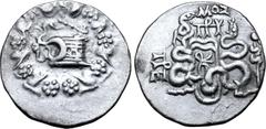 Greek Mysia, Pergamon AR Cistophoric Tetradrachm. Circa 76-67 BC. Serpent emerging from cista mystica; all within ivy wreath / Two serpents entwined around bow and bowcase; MOΣ and monogram above, civ