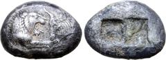 Greek Kingdom of Lydia, Kroisos AR Stater - Double Siglos. Sardes, circa 564-539 BC. Confronted foreparts of lion right and bull left / Two incuse squares of unequal size. GRPC Lydia S1; Berk 20; Trai