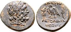 Greek Lydia, Blaundos Æ 21mm. Circa 2nd century BC. Apollonios, son of Theogenes, magistrate. Laureate head of Zeus to right / Eagle standing to left, head to right, with wings spread, kerykeion to le