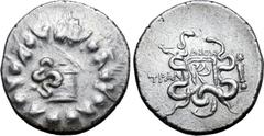 Greek Lydia, Tralleis AR Cistophoric Tetradrachm. Circa 166-160 BC. Dion-, magistrate. Serpent emerging from cista mystica; all within wreath / Two serpents entwined around bow and bowcase; ΔION above