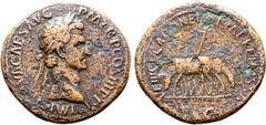 Roman Imperial Nerva Æ Sestertius. Rome, AD 97. IMP NERVA CAES AVG P M TR P COS III P P, laureate head to right / VEHICVLATIONE ITALIAE REMISSA, two mules grazing, one to left, one to right, shafts an