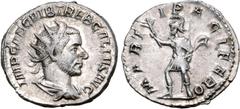 Roman Imperial Trebonianus Gallus AR Antoninianus. Rome, circa AD 251-253. IMP CAE C VIB TREB GALLVS AVG, radiate, draped and cuirassed bust to right / MARTI PACIFERO, Mars running to left, holding br