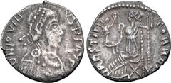Roman Imperial Jovinus AR Siliqua. Arelate, AD 411-413. D N IOVINVS P F AVG, pearl-diademed, draped and cuirassed bust to right / RESTITVTOR REIP, Roma seated left on curule chair, holding Victory on 