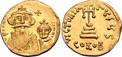 Byzantine Constans II, with Constantine IV, AV Solidus. Constantinople, AD 654-659. ∂ N CONSƮANƮINЧS C CONSTANT, crowned facing busts of Constans on left, with long beard, and Constantine on right, be