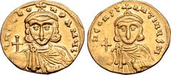 Byzantine Leo III 'the Isaurian', with Constantine V, AV Solidus. Constantinople, AD 724-731. ∂ NO LЄON P A MЧL', crowned bust of Leo facing, wearing chlamys, holding globus cruciger and akakia / ∂ N 