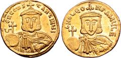 Byzantine Leo III 'the Isaurian', with Constantine V, AV Solidus. Constantinople, AD 737-741. 6 NO LЄON P A MЧL Є, crowned and draped bust of Leo facing, holding globus cruciger and akakia / ς 6N CONS