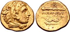 Greek Kingdom of Macedon, Philip II AV Quarter Stater. Abydos, circa 323-319 BC. Head of Herakles to right, wearing lion skin headdress / ΦIΛIΠΠOY, star over club to left above, bow over lagobolon bel